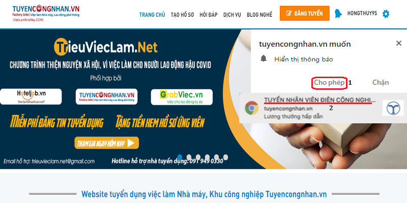 push notifications trên tuyencongnhan.vn