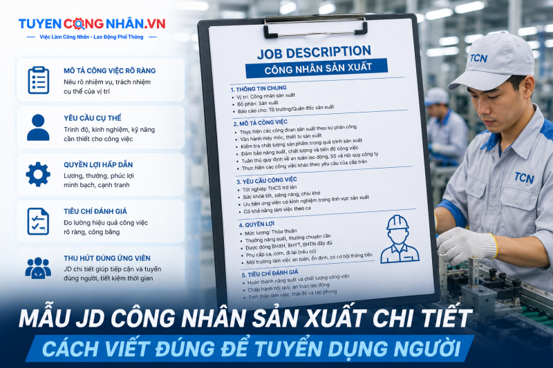 Mẫu JD công nhân sản xuất chi tiết: Cách viết đúng để tuyển đúng người