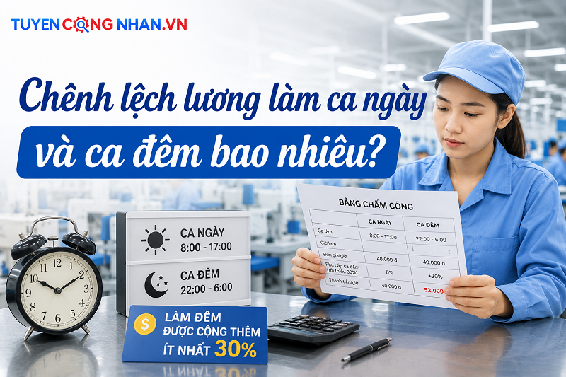 Chênh lệch lương làm ca ngày và ca đêm bao nhiêu trong nhà máy?